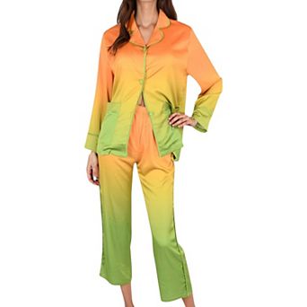 Women's Satin Pajama Set with Ombre Gradient Color Block Button Top and Wide Leg Pants