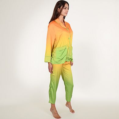 Women's Satin Pajama Set with Ombre Gradient Color Block Button Top and Wide Leg Pants