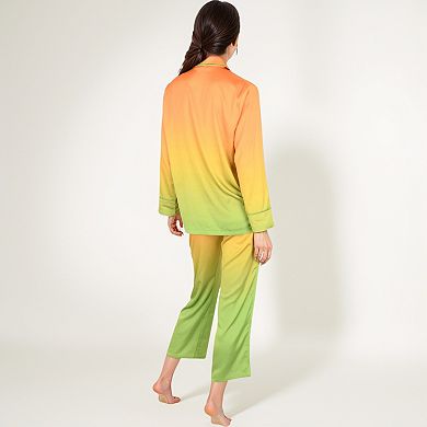 Women's Satin Pajama Set with Ombre Gradient Color Block Button Top and Wide Leg Pants