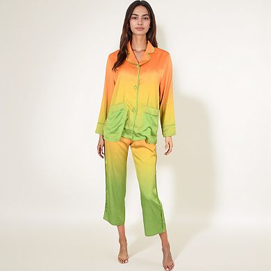 Women's Satin Pajama Set with Ombre Gradient Color Block Button Top and Wide Leg Pants