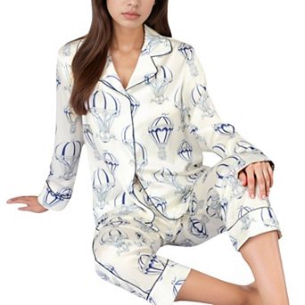 Women's Hot Air Balloon Print Pajama Set with Long Sleeve Button-Down Top and Cropped Pants