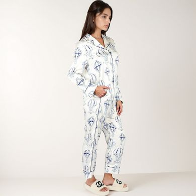 Women's Hot Air Balloon Print Pajama Set with Long Sleeve Button-Down Top and Cropped Pants