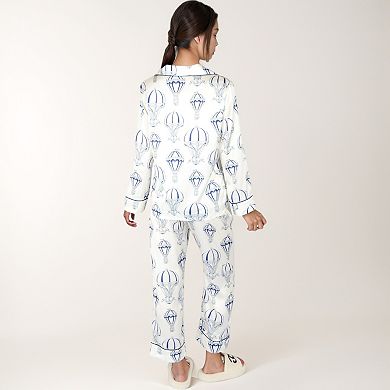 Women's Hot Air Balloon Print Pajama Set with Long Sleeve Button-Down Top and Cropped Pants