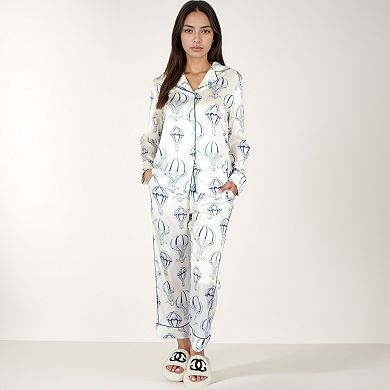 Women's Hot Air Balloon Print Pajama Set with Long Sleeve Button-Down Top and Cropped Pants
