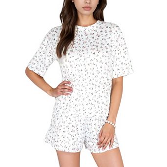 Women's Tiny Rose Print Crew Neck Pajama Set with Short Sleeves and Ruffle Trim Shorts