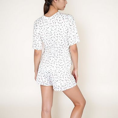 Women's Tiny Rose Print Crew Neck Pajama Set with Short Sleeves and Ruffle Trim Shorts