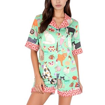 Women's Cat and Dessert Print Pajama Set with Short Sleeve Button-Up Top and Strawberry Trim Shorts