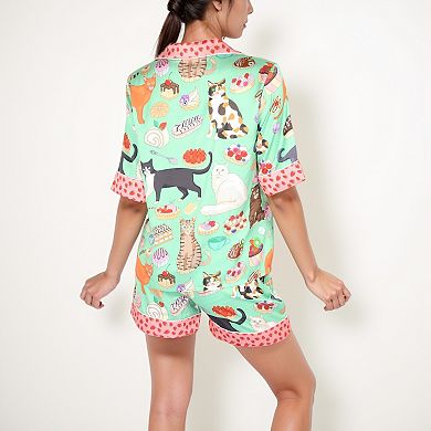 Women's Cat and Dessert Print Pajama Set with Short Sleeve Button-Up Top and Strawberry Trim Shorts