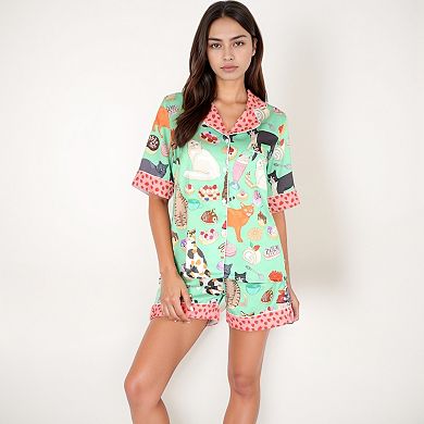 Women's Cat and Dessert Print Pajama Set with Short Sleeve Button-Up Top and Strawberry Trim Shorts