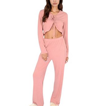 Women's Pajama Set with Tie Front Cropped Top and Relaxed Fit High Waist Full-Length Lounge Pants