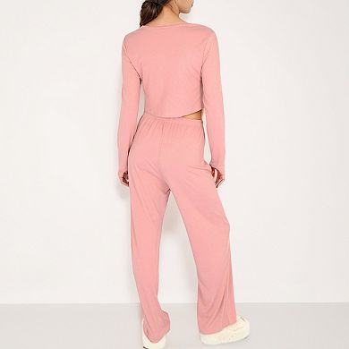 Women's Pajama Set with Tie Front Cropped Top and Relaxed Fit High Waist Full-Length Lounge Pants
