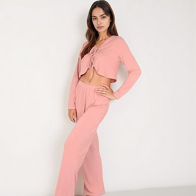 Women's Pajama Set with Tie Front Cropped Top and Relaxed Fit High Waist Full-Length Lounge Pants