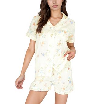 Women's Floral Short Sleeve Button-Up Pajama Shirt and Lounge Shorts Set with Rolled Cuffs