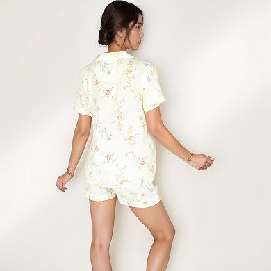 Women's Floral Short Sleeve Button-Up Pajama Shirt and Lounge Shorts Set with Rolled Cuffs