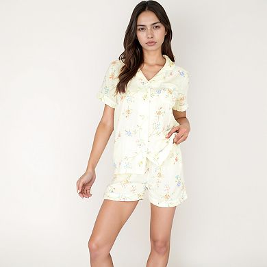 Women's Floral Short Sleeve Button-Up Pajama Shirt and Lounge Shorts Set with Rolled Cuffs