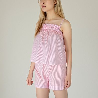 Women's Striped Pajama Set with Ruffle Trim Cami Top and Relaxed Fit Shorts