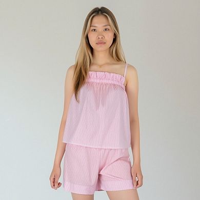 Women's Striped Pajama Set with Ruffle Trim Cami Top and Relaxed Fit Shorts