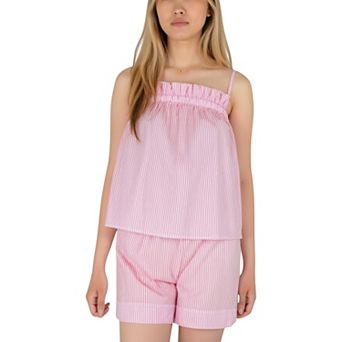 Women's Striped Pajama Set with Ruffle Trim Cami Top and Relaxed Fit Shorts