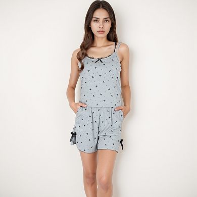 Women's Bow Print Sleepwear Set with Lace Trim Tank Top and Drawstring Shorts