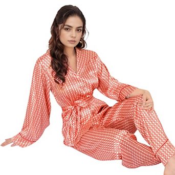 Women's Printed Satin Pajama Set with Wrap Top Self-Tie Waist and Relaxed Fit Lounge Pants