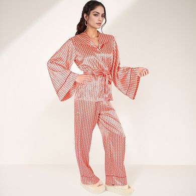 Women's Printed Satin Pajama Set with Wrap Top Self-Tie Waist and Relaxed Fit Lounge Pants