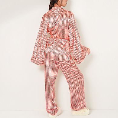 Women's Printed Satin Pajama Set with Wrap Top Self-Tie Waist and Relaxed Fit Lounge Pants