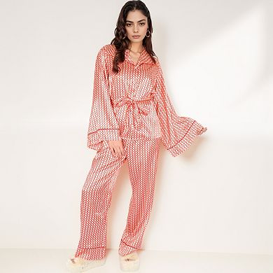 Women's Printed Satin Pajama Set with Wrap Top Self-Tie Waist and Relaxed Fit Lounge Pants