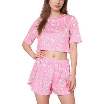 Women's Daisy Print Pajama Set with Cropped Top Crew Neckline and Elastic Waist Relaxed Fit Shorts
