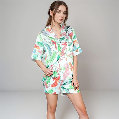 Women's Tropical Bird Print Satin Pajama Set with Button-Up Top and Elastic Waist Shorts