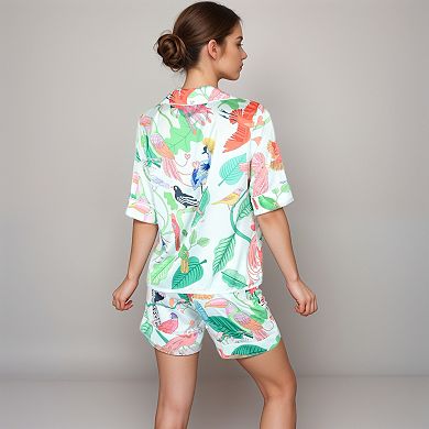 Women's Tropical Bird Print Satin Pajama Set with Button-Up Top and Elastic Waist Shorts