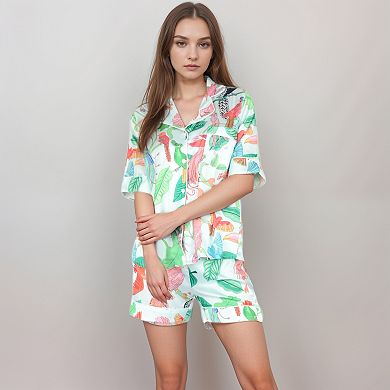 Women's Tropical Bird Print Satin Pajama Set with Button-Up Top and Elastic Waist Shorts