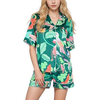 Women's Tropical Bird Print Satin Pajama Set with Button-Up Top and Elastic Waist Shorts