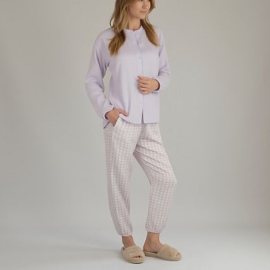 Women's Woven Pajama Set with Button-Up Top and Relaxed Gingham Print Lounge Pants