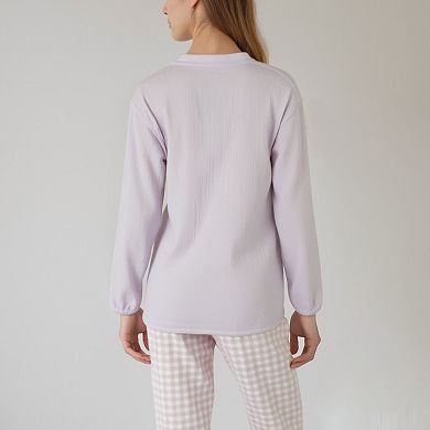 Women's Woven Pajama Set with Button-Up Top and Relaxed Gingham Print Lounge Pants