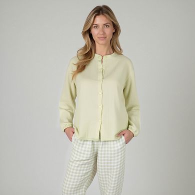 Women's Woven Pajama Set with Button-Up Top and Relaxed Gingham Print Lounge Pants