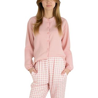 Women's Woven Pajama Set with Button-Up Top and Relaxed Gingham Print Lounge Pants