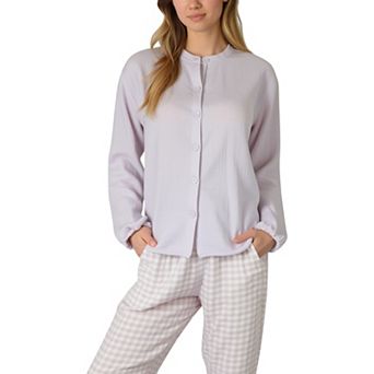 Women's Woven Pajama Set with Button-Up Top and Relaxed Gingham Print Lounge Pants