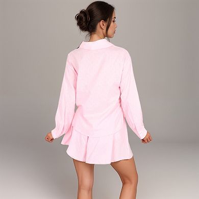 Women's Button-Up Pajama Set with Collared Top Front Pockets and Relaxed Fit Matching Lounge Shorts