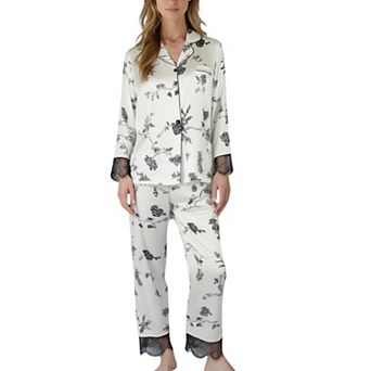 Women's Satin Pajama Set with Floral Print Long Sleeves and Lace Trim Cuffs and Hem