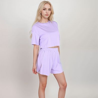 Women's Ribbed Pajama Set with Cropped Top Crew Neckline and Elastic Waist Lounge Shorts