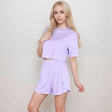 Women's Ribbed Pajama Set with Cropped Top Crew Neckline and Elastic Waist Lounge Shorts