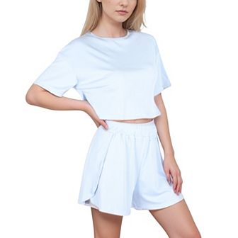 Women's Ribbed Pajama Set with Cropped Top Crew Neckline and Elastic Waist Lounge Shorts