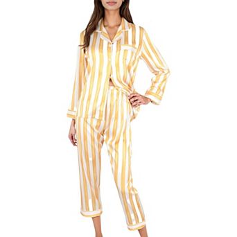 Women's Striped Satin Pajama Set with Long Sleeve Button Top and Cropped Pants