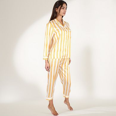Women's Striped Satin Pajama Set with Long Sleeve Button Top and Cropped Pants