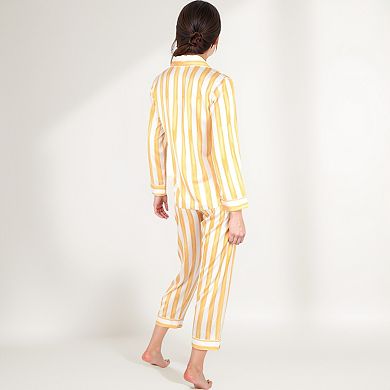 Women's Striped Satin Pajama Set with Long Sleeve Button Top and Cropped Pants