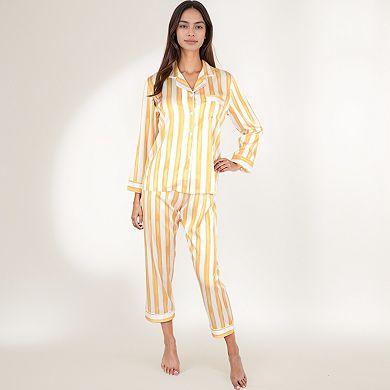 Women's Striped Satin Pajama Set with Long Sleeve Button Top and Cropped Pants