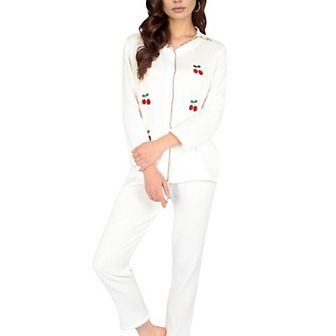 Women's Cherry Embroidered Pajama Set with Button Front Top and Lightweight Relaxed Fit Pants