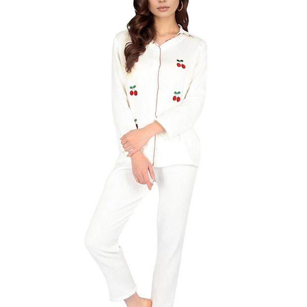 Women's Cherry Embroidered Pajama Set with Button Front Top and