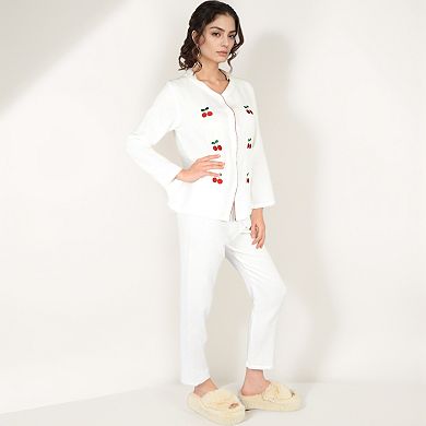 Women's Cherry Embroidered Pajama Set with Button Front Top and Lightweight Relaxed Fit Pants