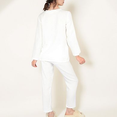 Women's Cherry Embroidered Pajama Set with Button Front Top and Lightweight Relaxed Fit Pants